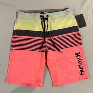 Hurley Men’s Coral, Yellow & Black Stripe Board Shorts NWT